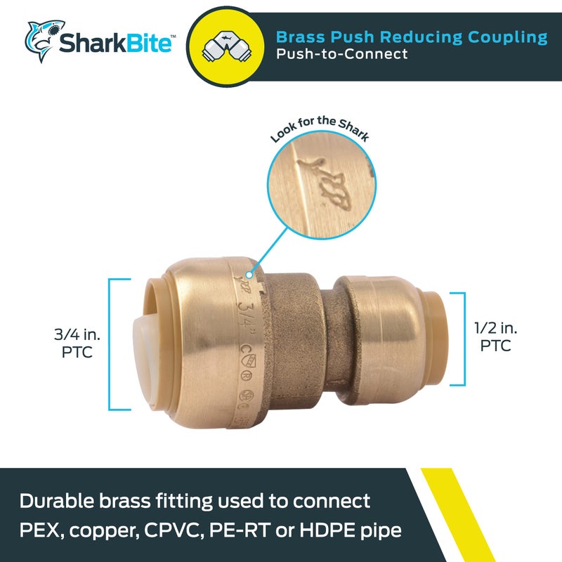 SharkBite 3/4 Inch x 1/2 Inch Reducing Coupling, Push to Connect Brass Plumbing Fitting, PEX Pipe, Copper, CPVC, PE-RT, HDPE, U058LFA - Image 2
